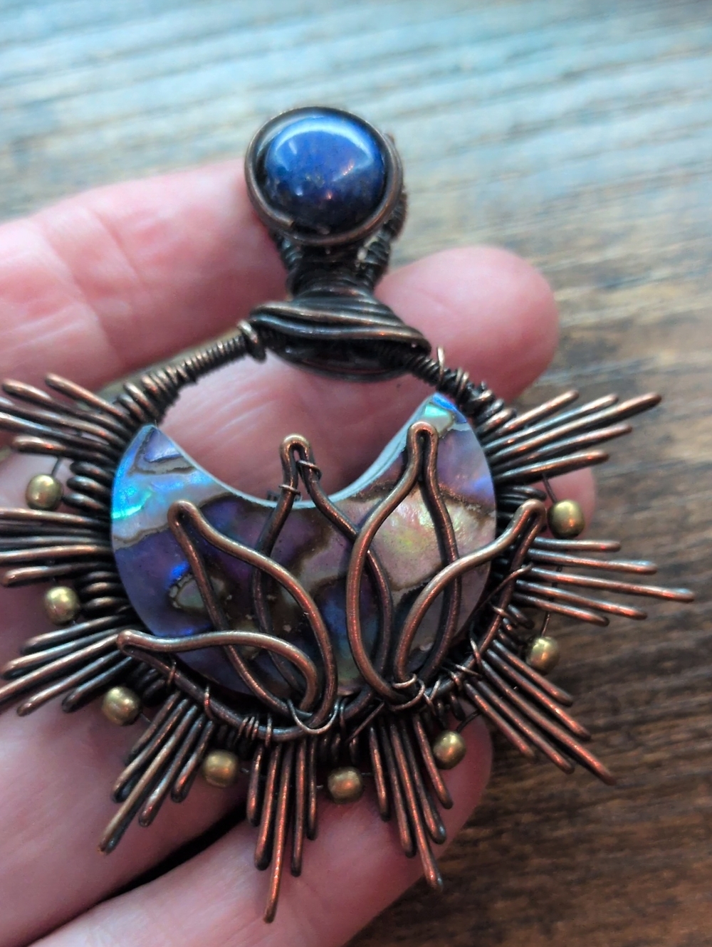Handcrafted Copper and Abalone Pendant - Lapis Lazuli Accent